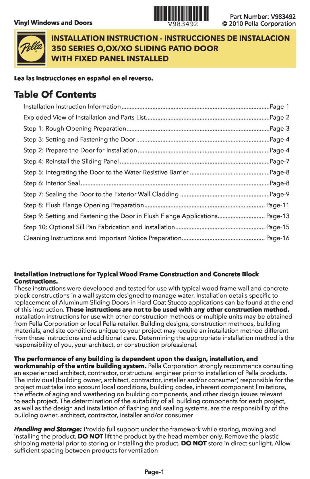 Pella V983492 installation instructions Table Of Contents, SERIES O,OX/XO SLIDINg PATIO DOOR, WITh fIXED PANEL INSTALLED 