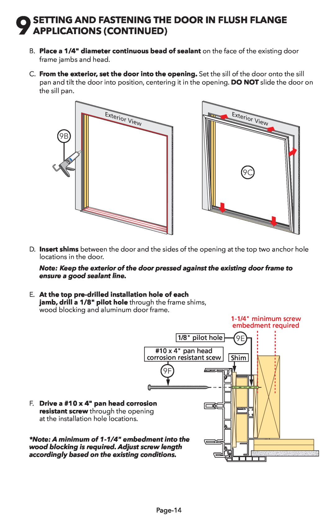 Pella V983492 9SETTINg AND fASTENINg ThE DOOR IN fLUSh fLANgE, Applications Continued, Exterior View 9B 