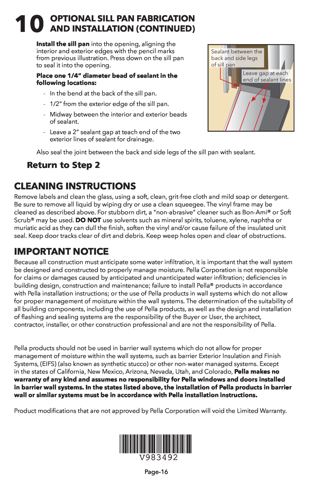 Pella V983492 CLEANINg INSTRUCTIONS, Important Notice, OPTIONAL SILL PAN fABRICATION, And Installation Continued 