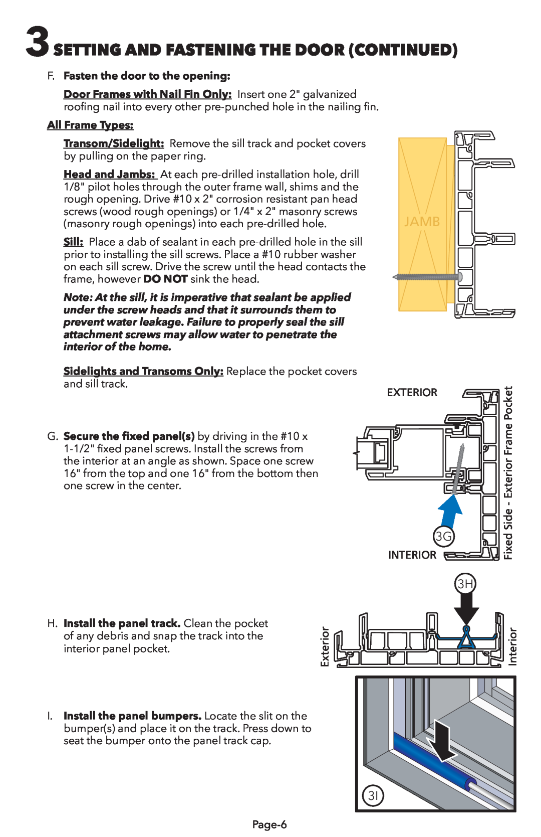 Pella V983492 installation instructions 3SETTING AND FASTENING THE DOOR CONTINUED, Jamb 