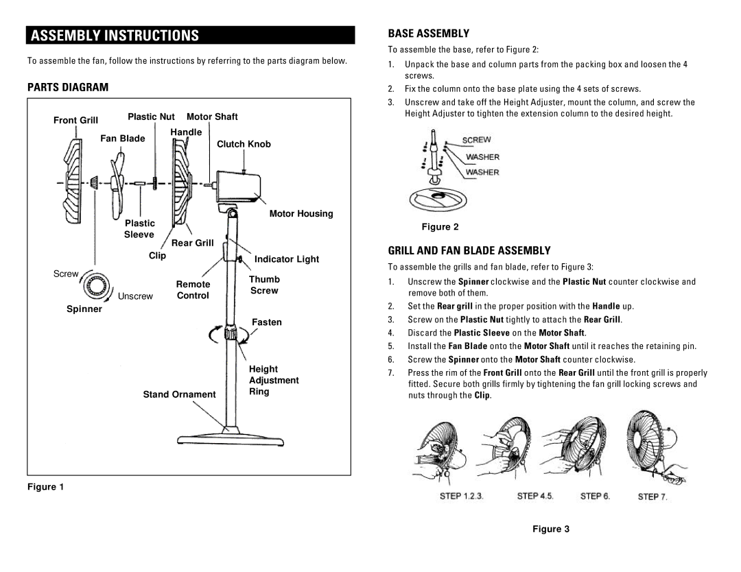 Pelonis FS40-G5 owner manual Assembly Instructions, Parts Diagram, Base Assembly, Grill and FAN Blade Assembly 