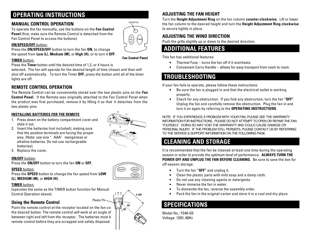 Pelonis FS40-G5 Operating Instructions, Additional Features, Troubleshooting, Cleaning and Storage, Specifications 