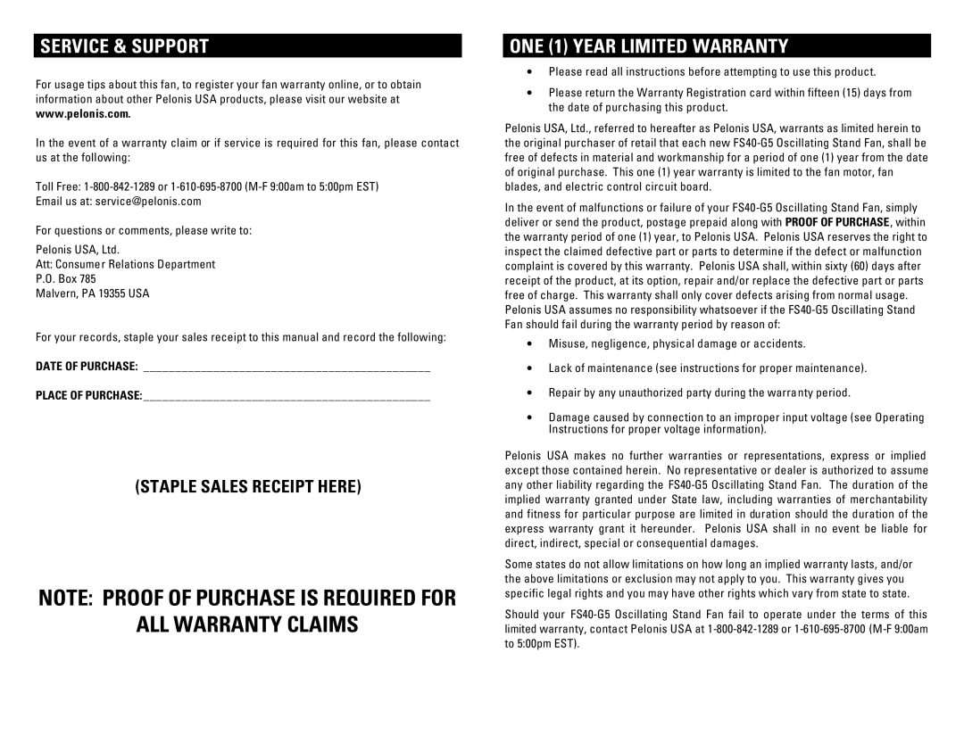 Pelonis FS40-G5 owner manual Service & Support, ONE 1 Year Limited Warranty, Date of Purchase Place of Purchase 