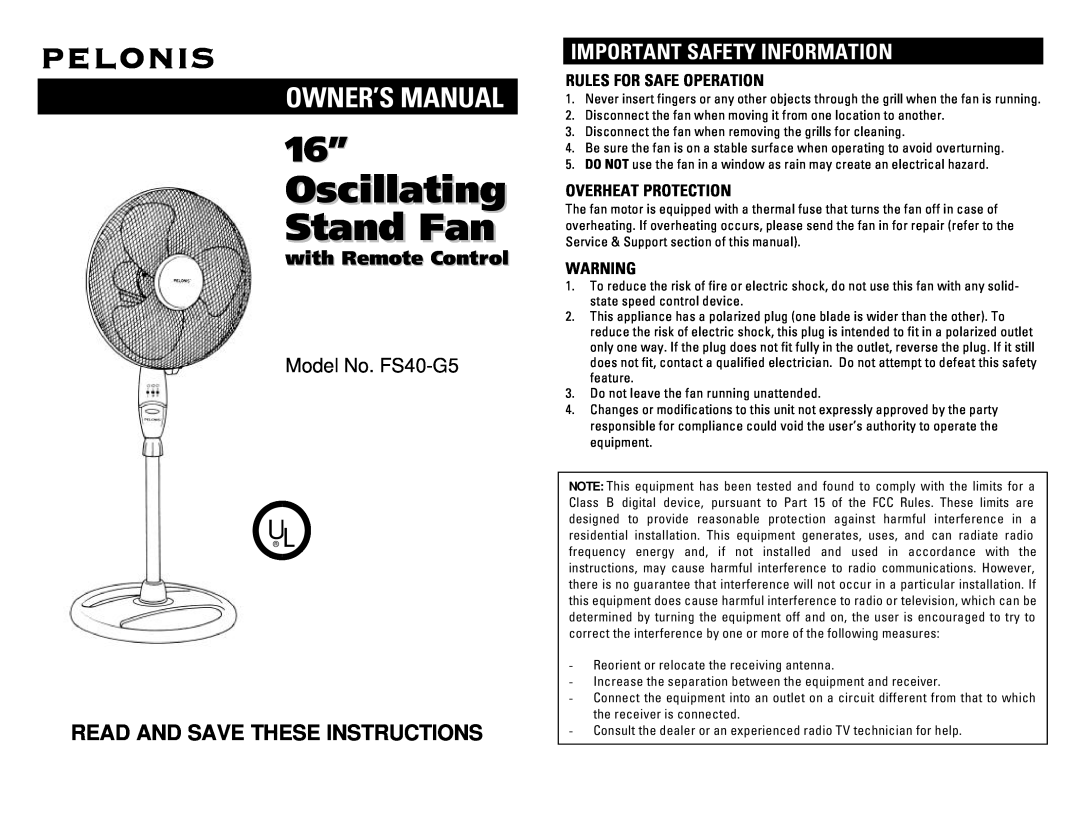 Pelonis FS40-G5 owner manual Read And Save These Instructions, Important Safety Information, with Remote Control, Pelonis 
