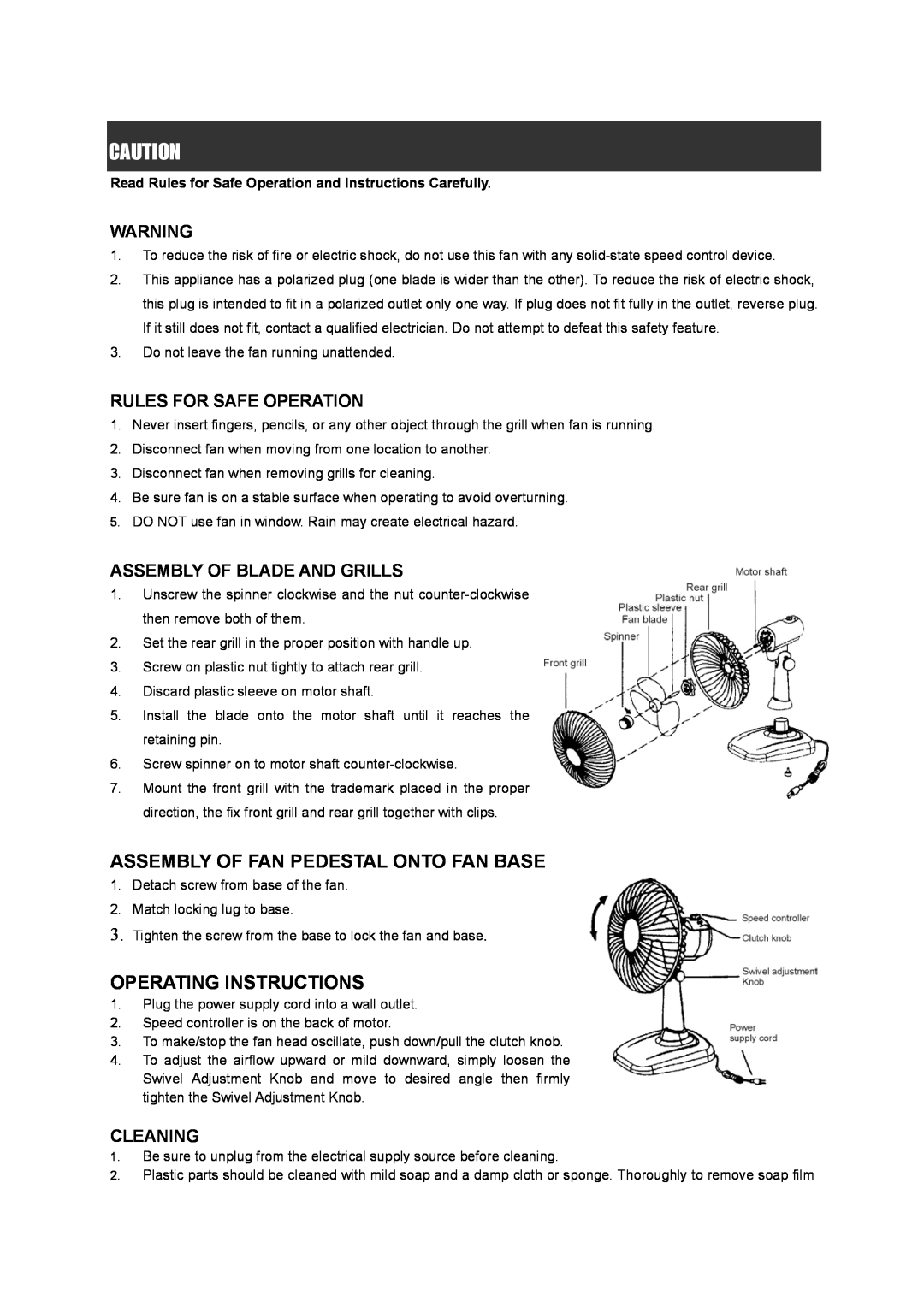 Pelonis FT30-A4 Assembly Of Fan Pedestal Onto Fan Base, Operating Instructions, Rules For Safe Operation, Cleaning 