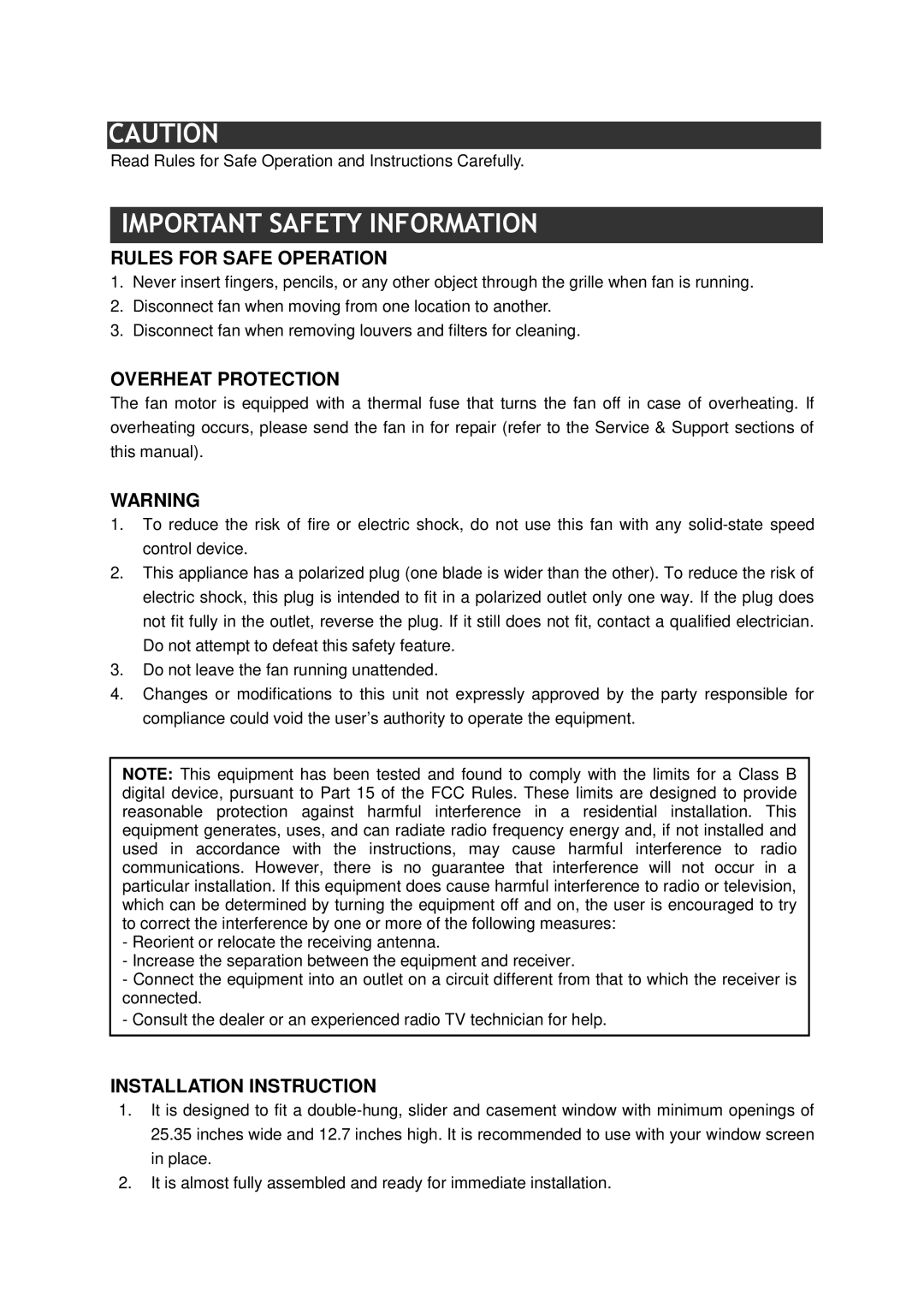 Pelonis FW23-A4R Important Safety Information, Rules for Safe Operation, Overheat Protection, Installation Instruction 