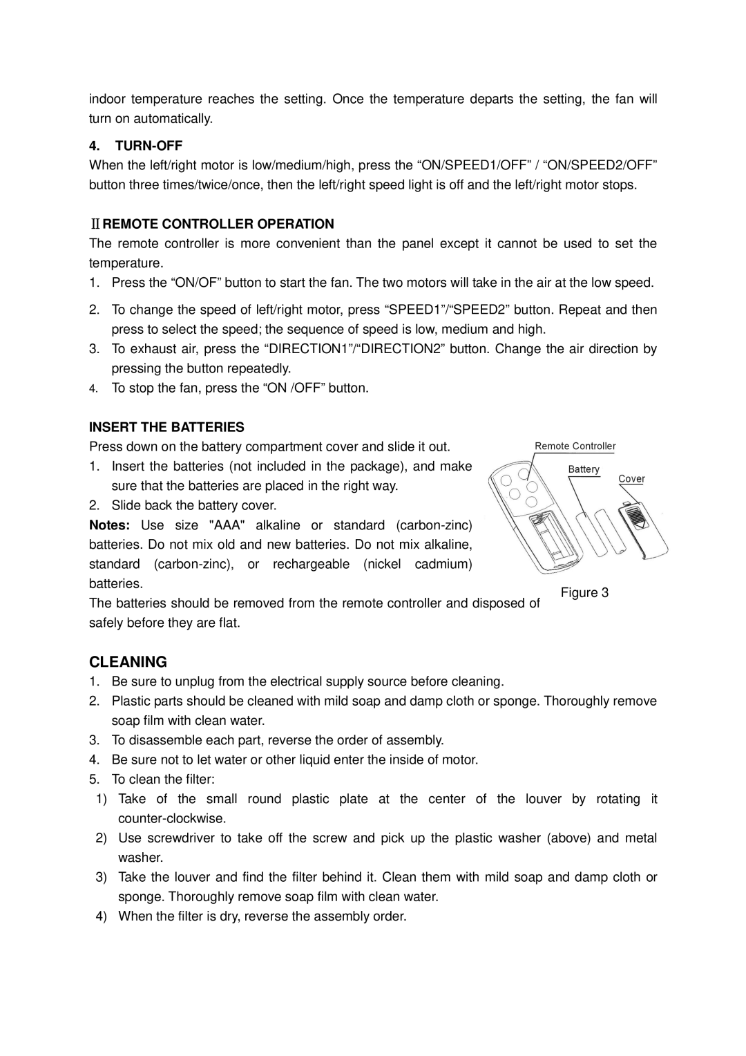 Pelonis FW23-A4R owner manual Cleaning, Turn-Off, ⅡREMOTE Controller Operation, Insert the Batteries 