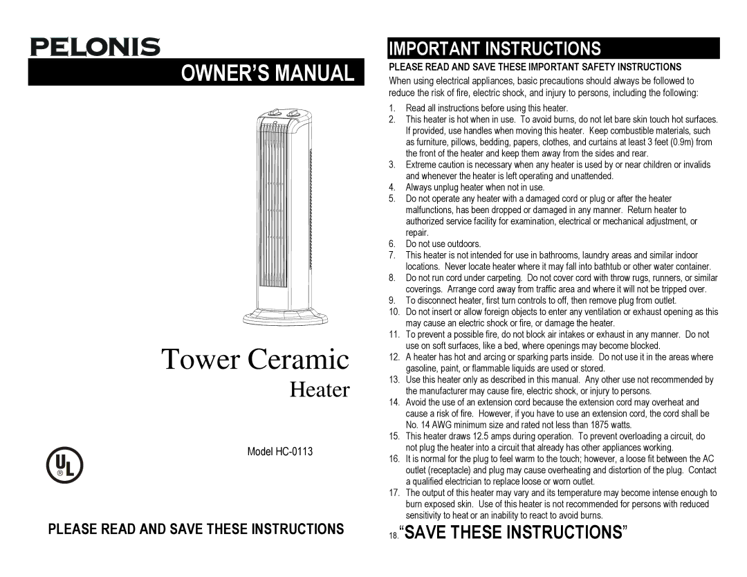 Pelonis HC-0113 owner manual Tower Ceramic, Important Instructions 