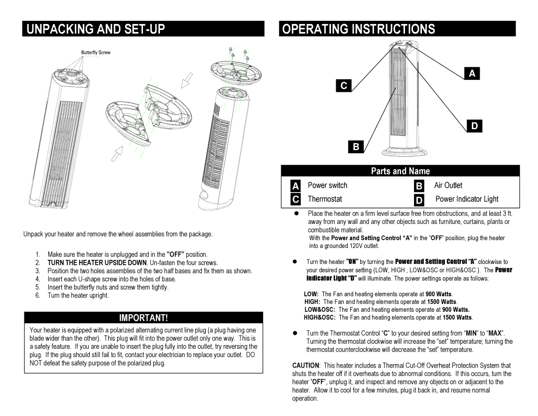 Pelonis HC-0113 owner manual Unpacking and SET-UP, Operating Instructions 