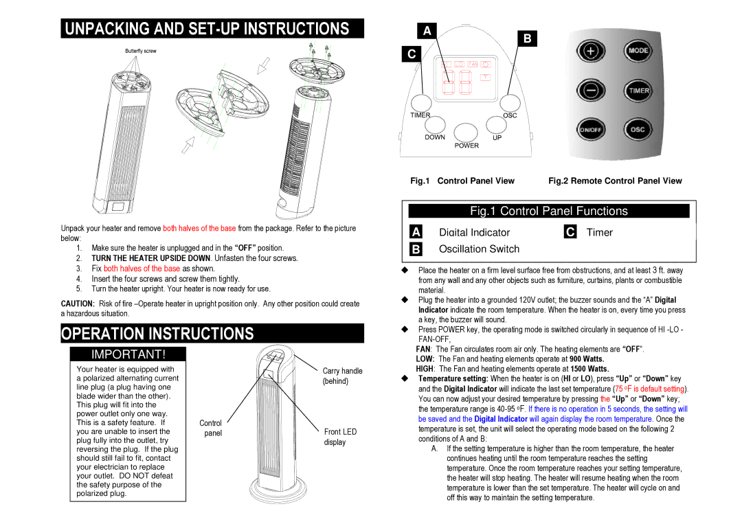 Pelonis HC-0119A owner manual Unpacking and SET-UP Instructions, Operation Instructions 