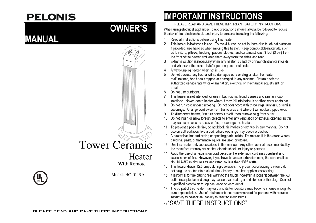 Pelonis HC-0119A owner manual Tower Ceramic, Heater, Important Instructions, 18.“SAVE THESE INSTRUCTIONS”, With Remote 