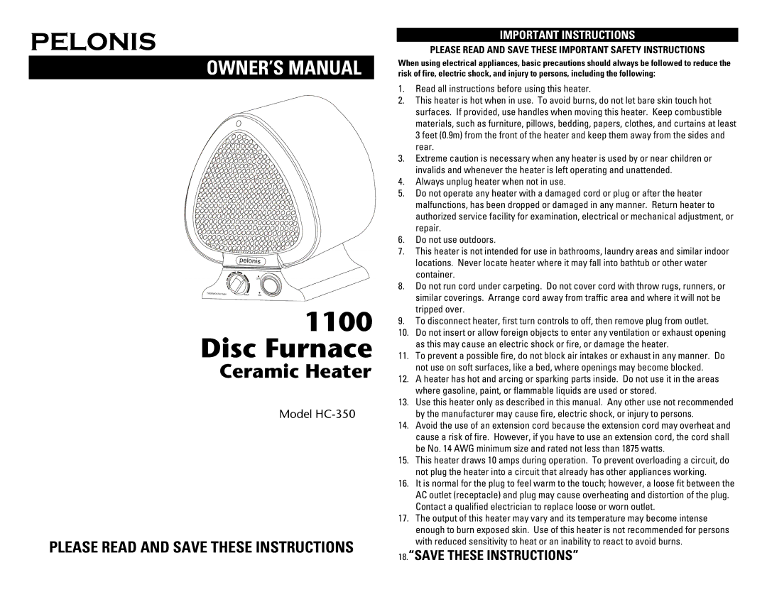 Pelonis HC-350 owner manual Disc Furnace 