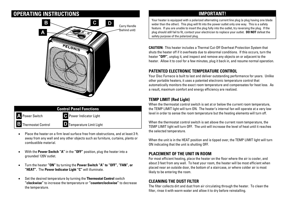 Pelonis HC-451 owner manual Operating Instructions, Control Panel Functions 