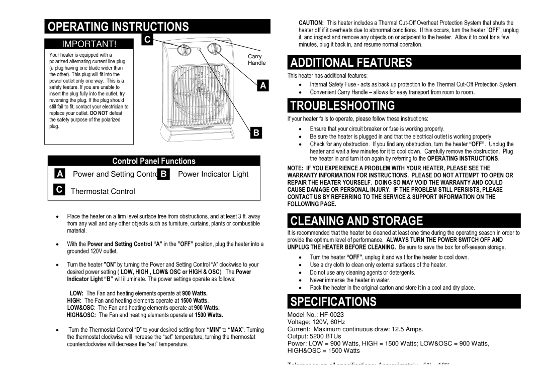 Pelonis HF-0023 Operating Instructions, Additional Features, Troubleshooting, Cleaning and Storage, Specifications 