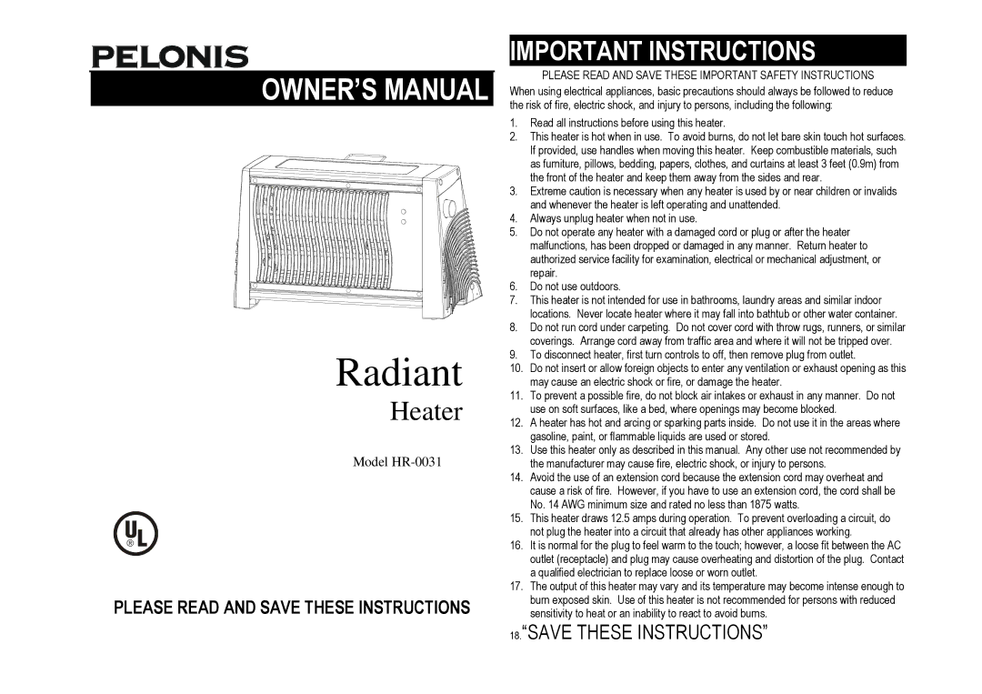 Pelonis HR-0031 owner manual Radiant 