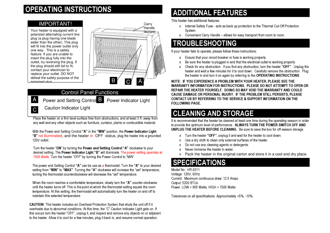 Pelonis HR-0031 Operating Instructions Additional Features, Troubleshooting, Cleaning and Storage, Specifications 