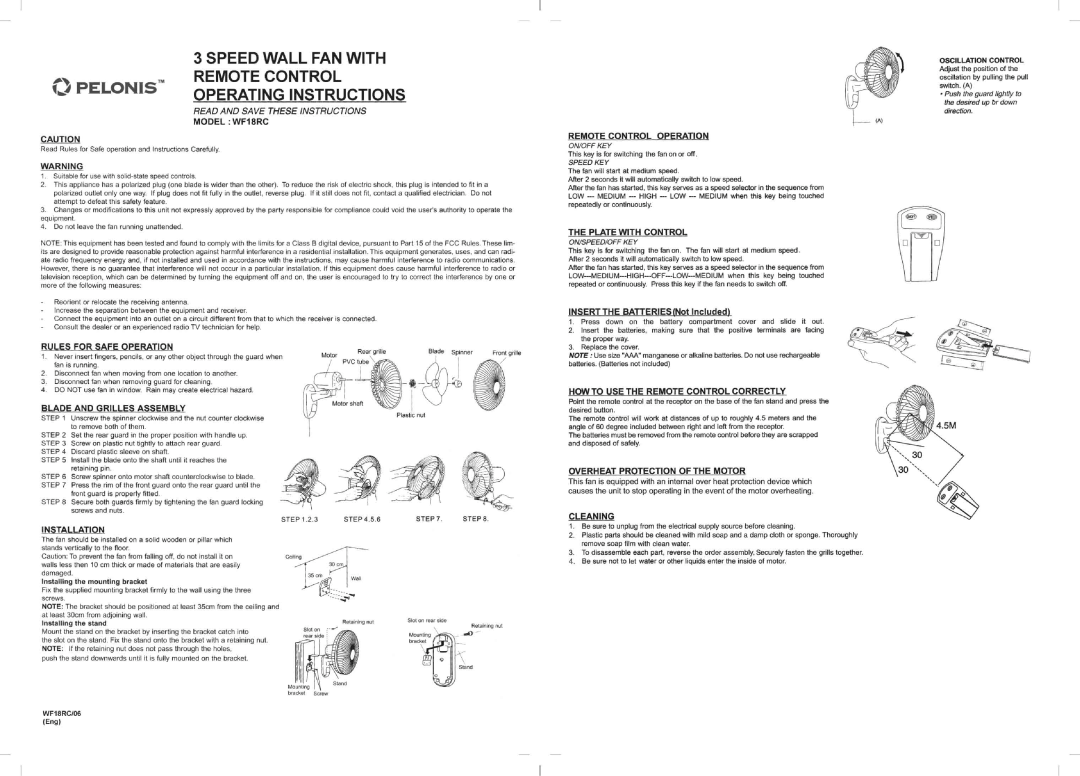 Pelonis WF18RC manual 