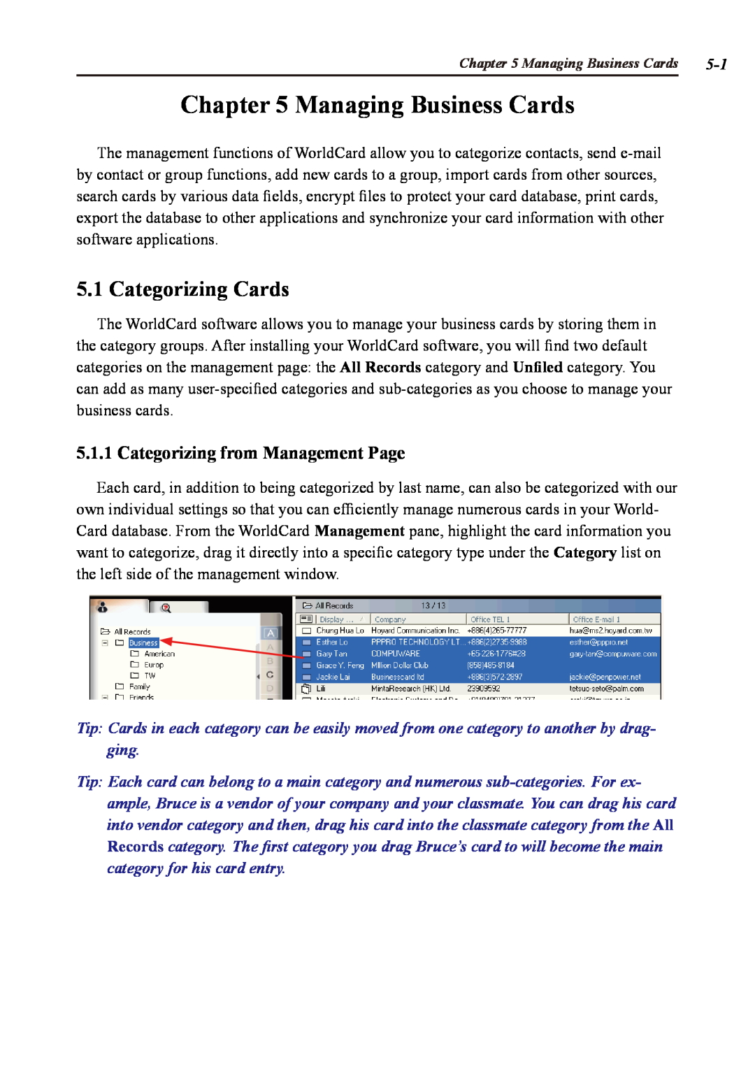 Penpower duet 2 user manual Managing Business Cards, Categorizing Cards, Categorizing from Management Page 
