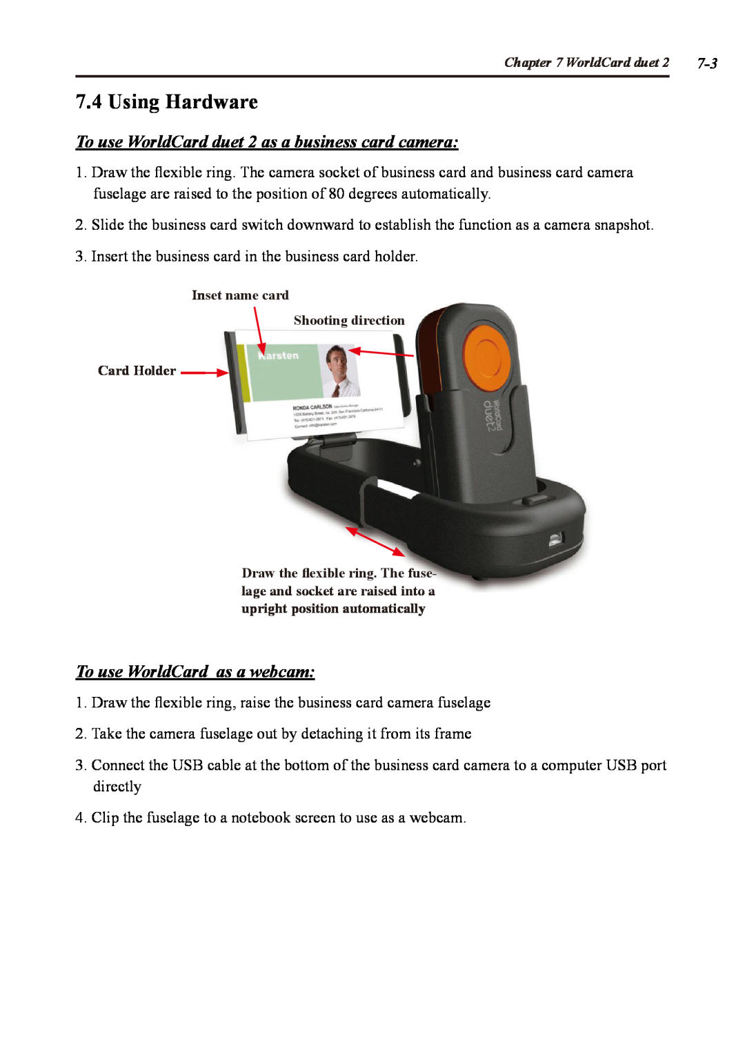 Penpower user manual Using Hardware, To use WorldCard duet 2 as a business card camera, To use WorldCard as a webcam 