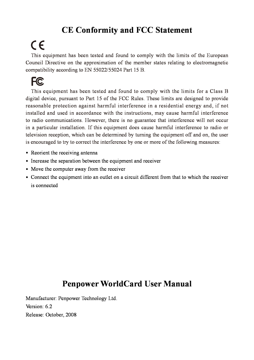 Penpower duet 2 user manual CE Conformity and FCC Statement, Penpower WorldCard User Manual 