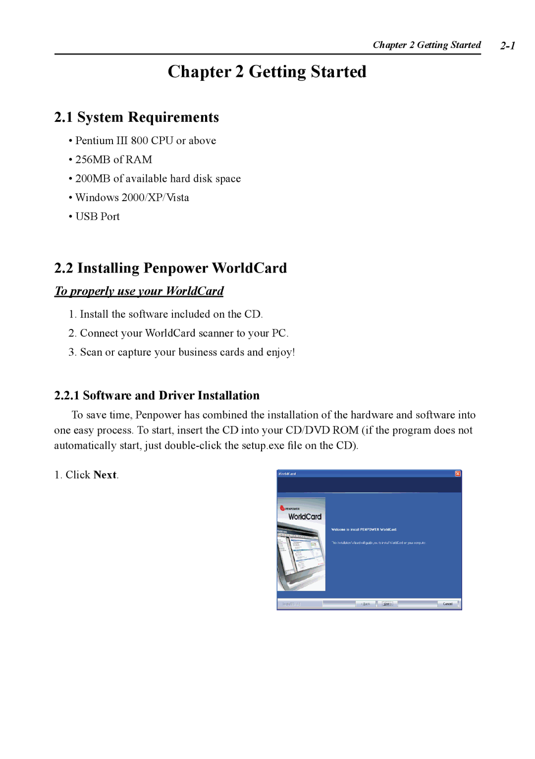 Penpower duet Getting Started, System Requirements, Installing Penpower WorldCard, Software and Driver Installation 