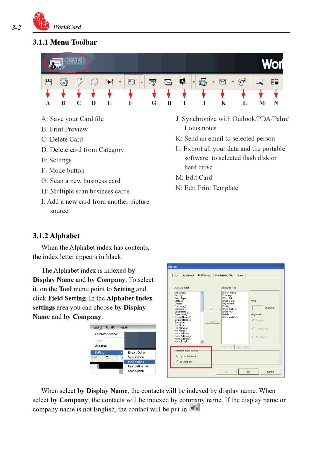 Penpower duet 2 user manual Menu Toolbar, Alphabet 