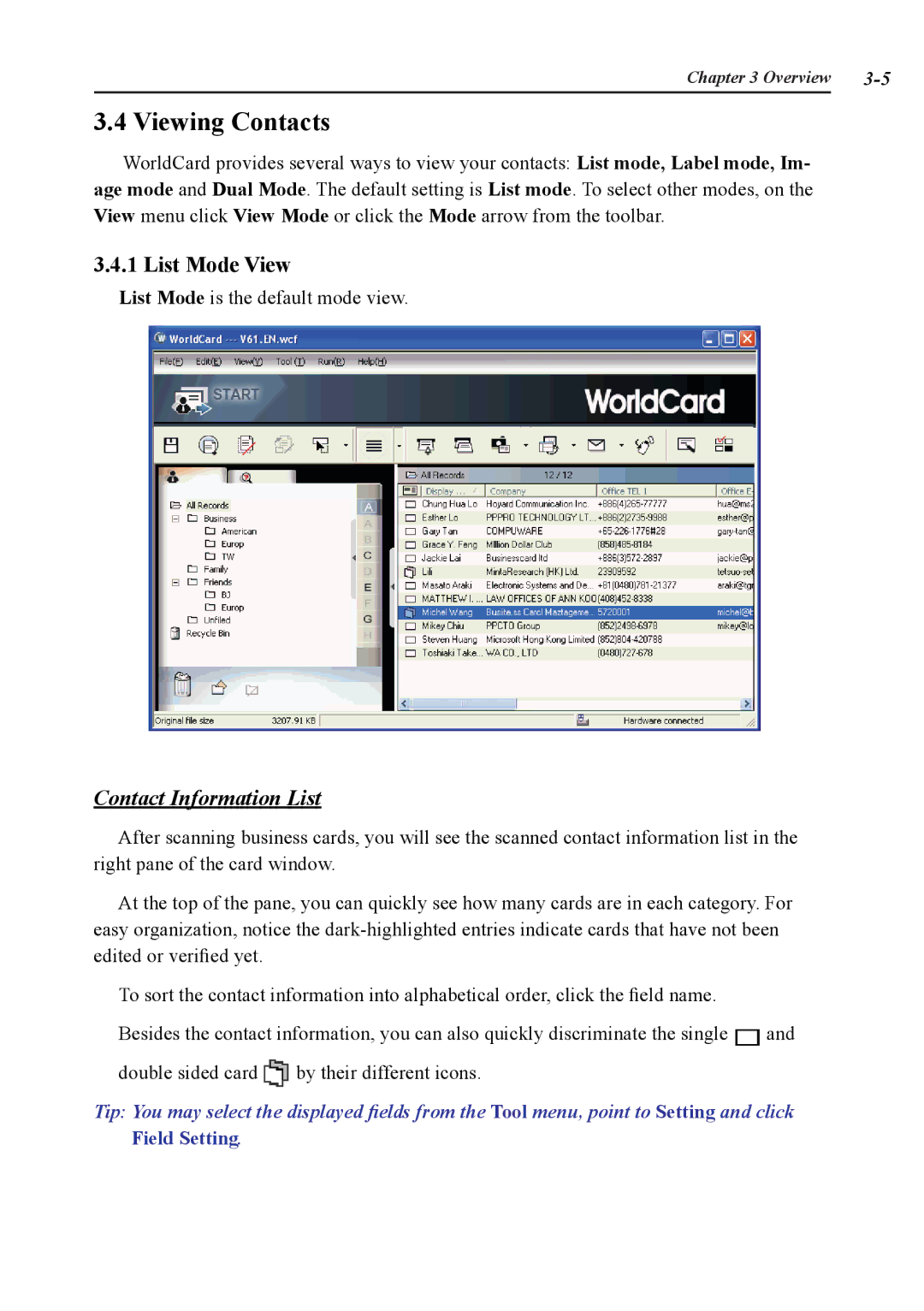 Penpower duet 2 user manual Viewing Contacts, List Mode View 