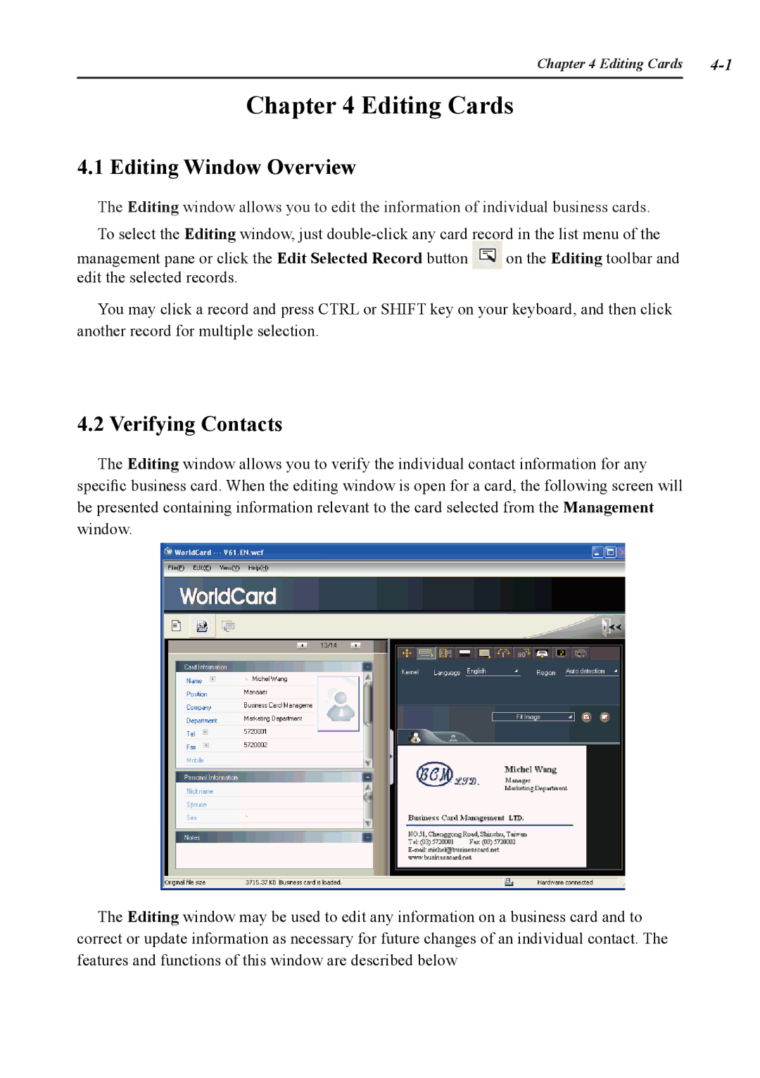 Penpower duet 2 user manual Editing Cards, Editing Window Overview, Verifying Contacts 