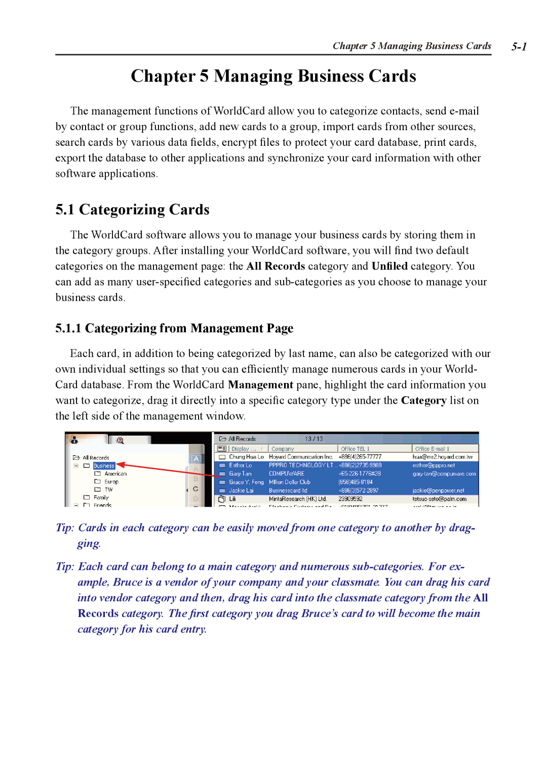 Penpower duet 2 user manual Managing Business Cards, Categorizing Cards, Categorizing from Management 