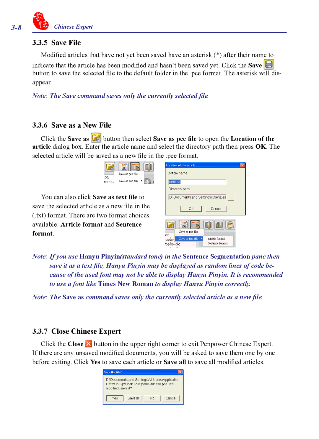 Penpower PCE Trial, PCE Writing Pad, PCE Standard, PCE Scanner user manual Save File, Save as a New File, Close Chinese Expert 