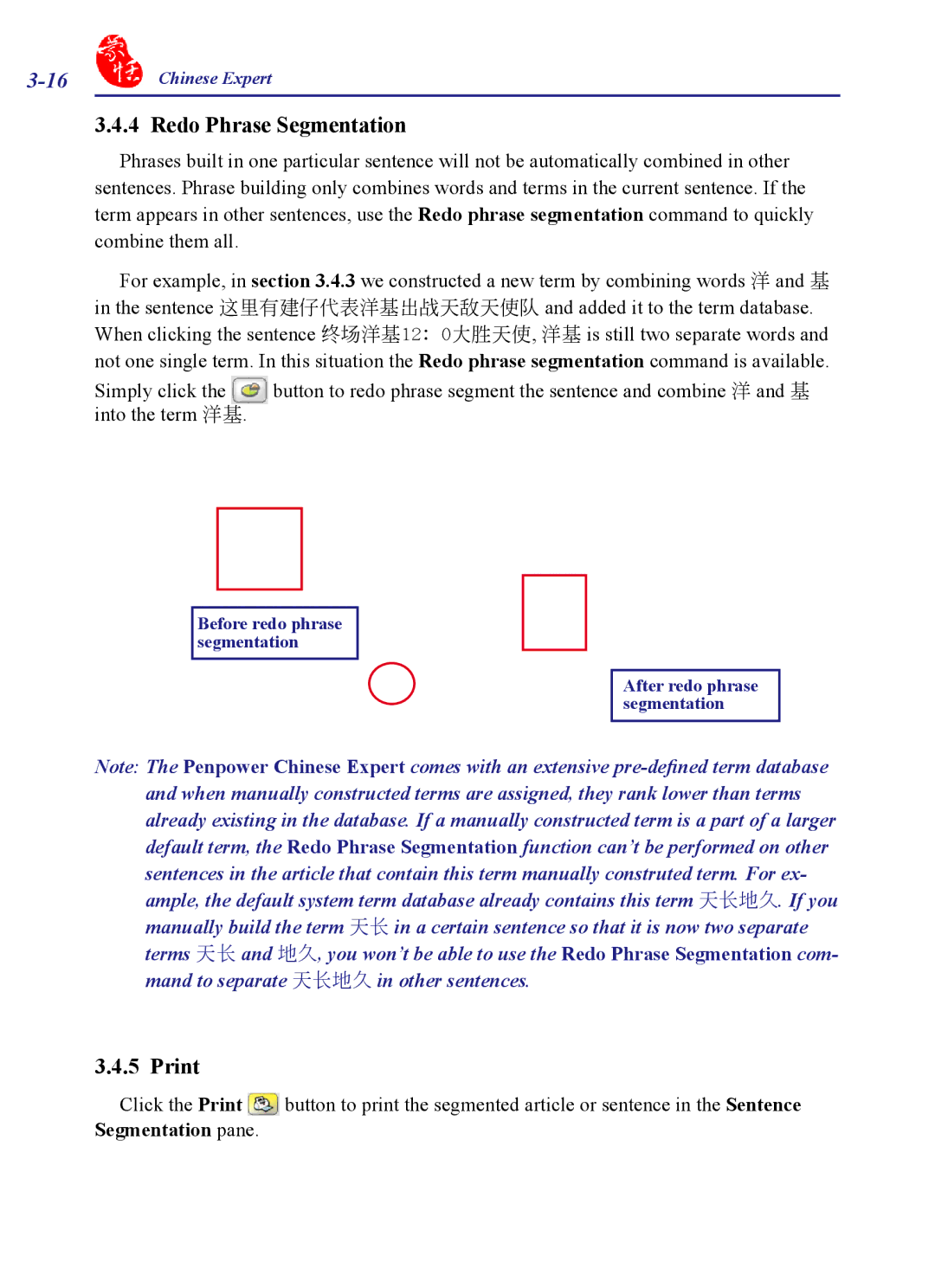 Penpower PCE Trial, PCE Writing Pad, PCE Standard, PCE Scanner user manual Redo Phrase Segmentation, Print 