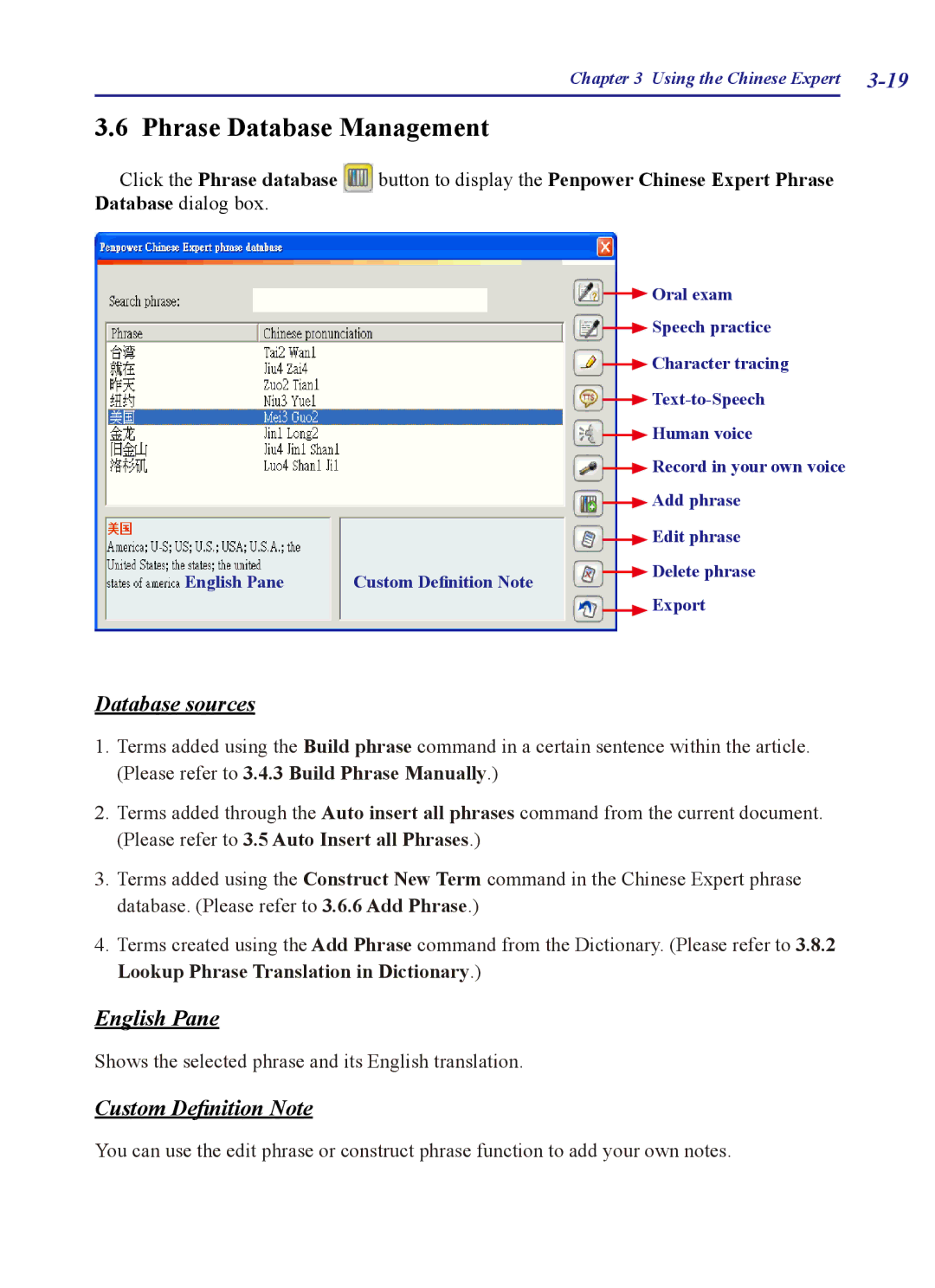 Penpower PCE Writing Pad, PCE Trial Phrase Database Management, Database sources, English Pane, Custom Definition Note 