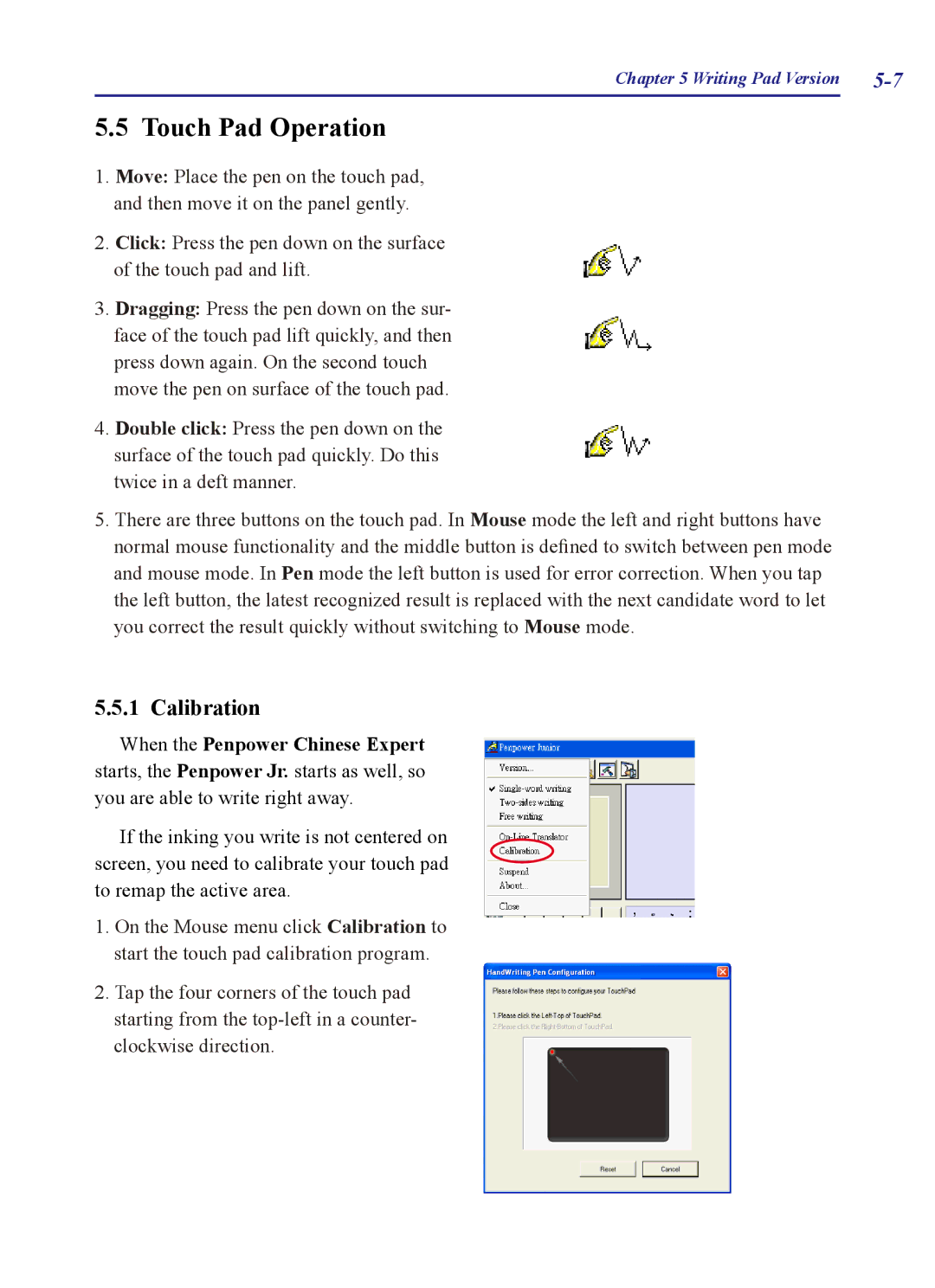 Penpower PCE Standard, PCE Writing Pad, PCE Trial, PCE Scanner user manual Touch Pad Operation, Calibration 