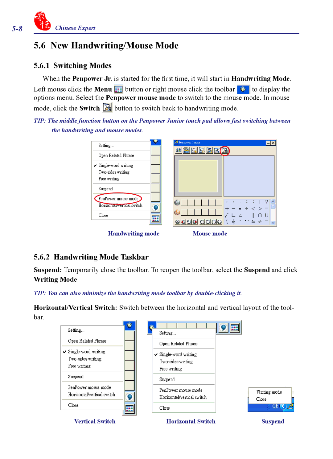 Penpower PCE Scanner, PCE Writing Pad, PCE Trial New Handwriting/Mouse Mode, Switching Modes, Handwriting Mode Taskbar 