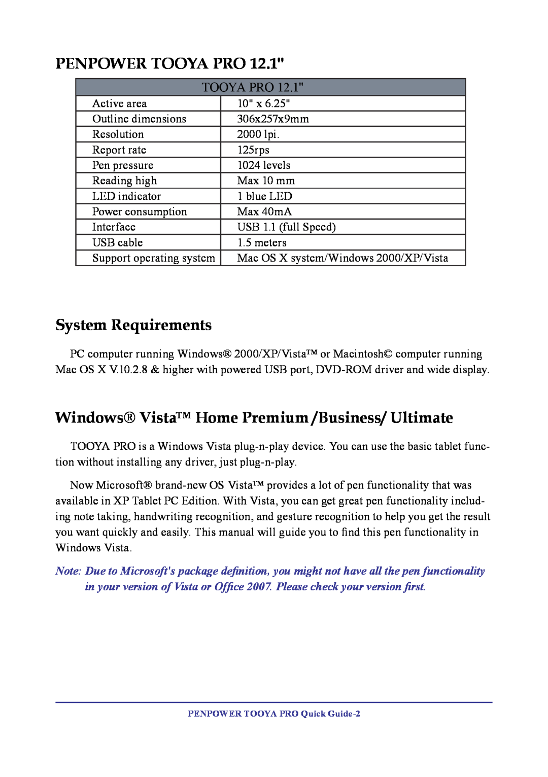 Penpower TOOYA PRO manual Penpower Tooya Pro, System Requirements, Windows Vista Home Premium /Business/ Ultimate 