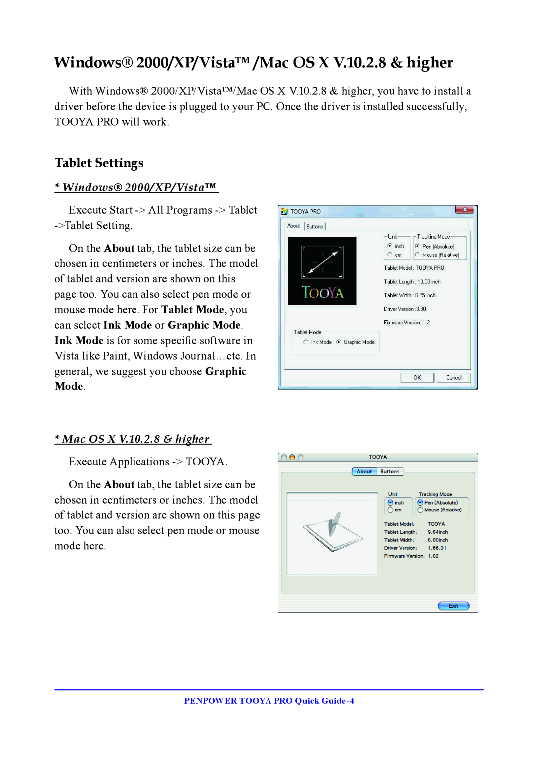 Penpower TOOYA PRO manual Windows 2000/XP/Vista /Mac OS X V.10.2.8 & higher, Tablet Settings 