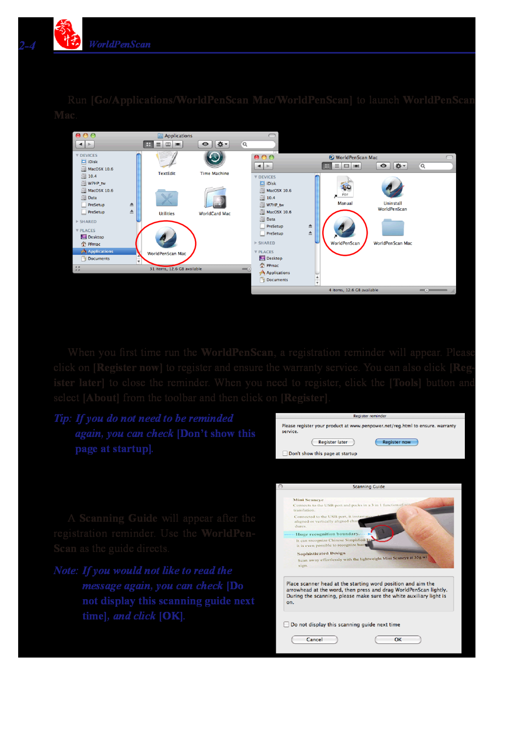 Penpower WorldPenScan Pro user manual Launching WorldPenScan Mac, Registeration, Scanning Guide 