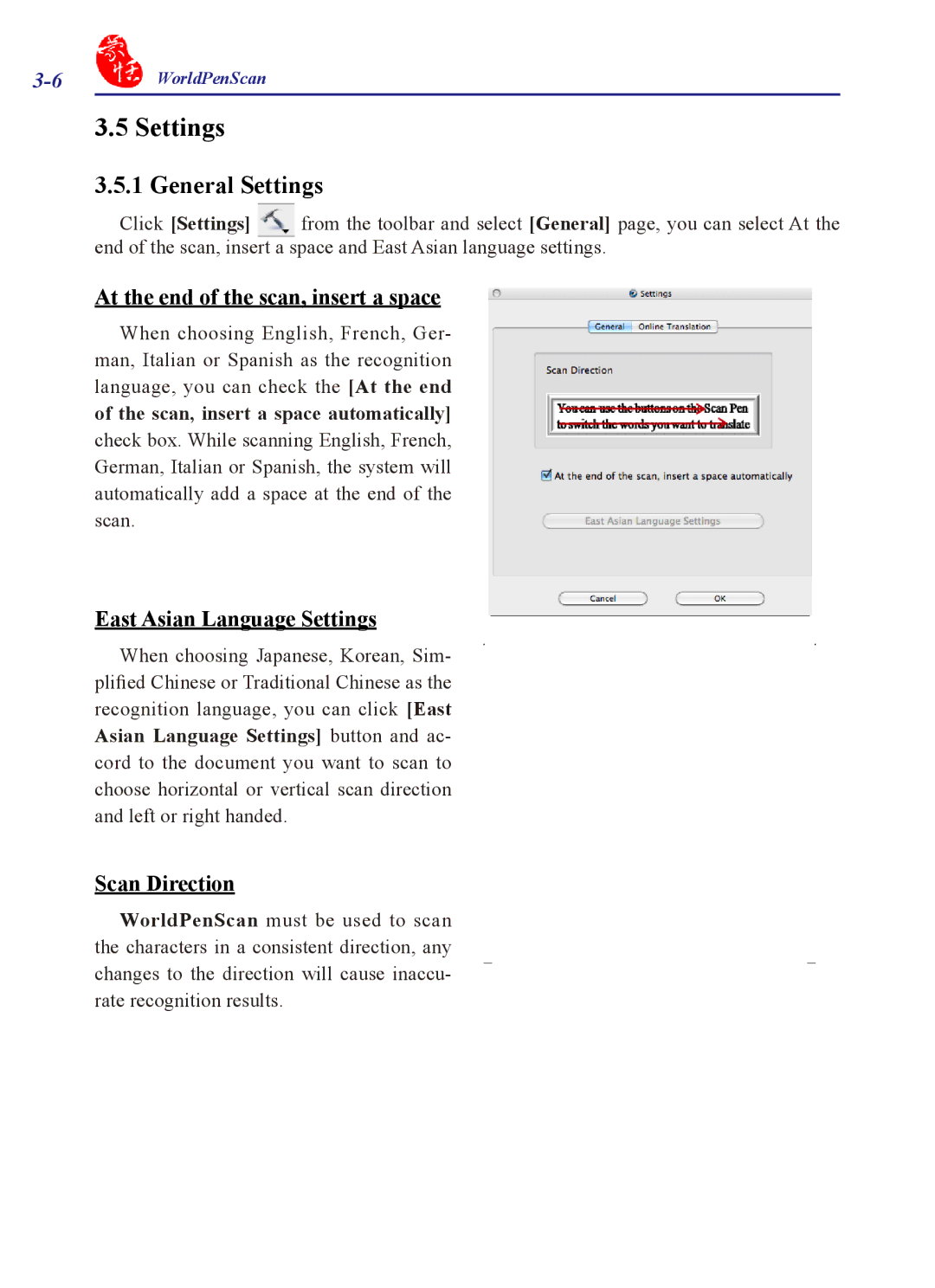 Penpower WorldPenScan Pro General Settings, At the end of the scan, insert a space, East Asian Language Settings 