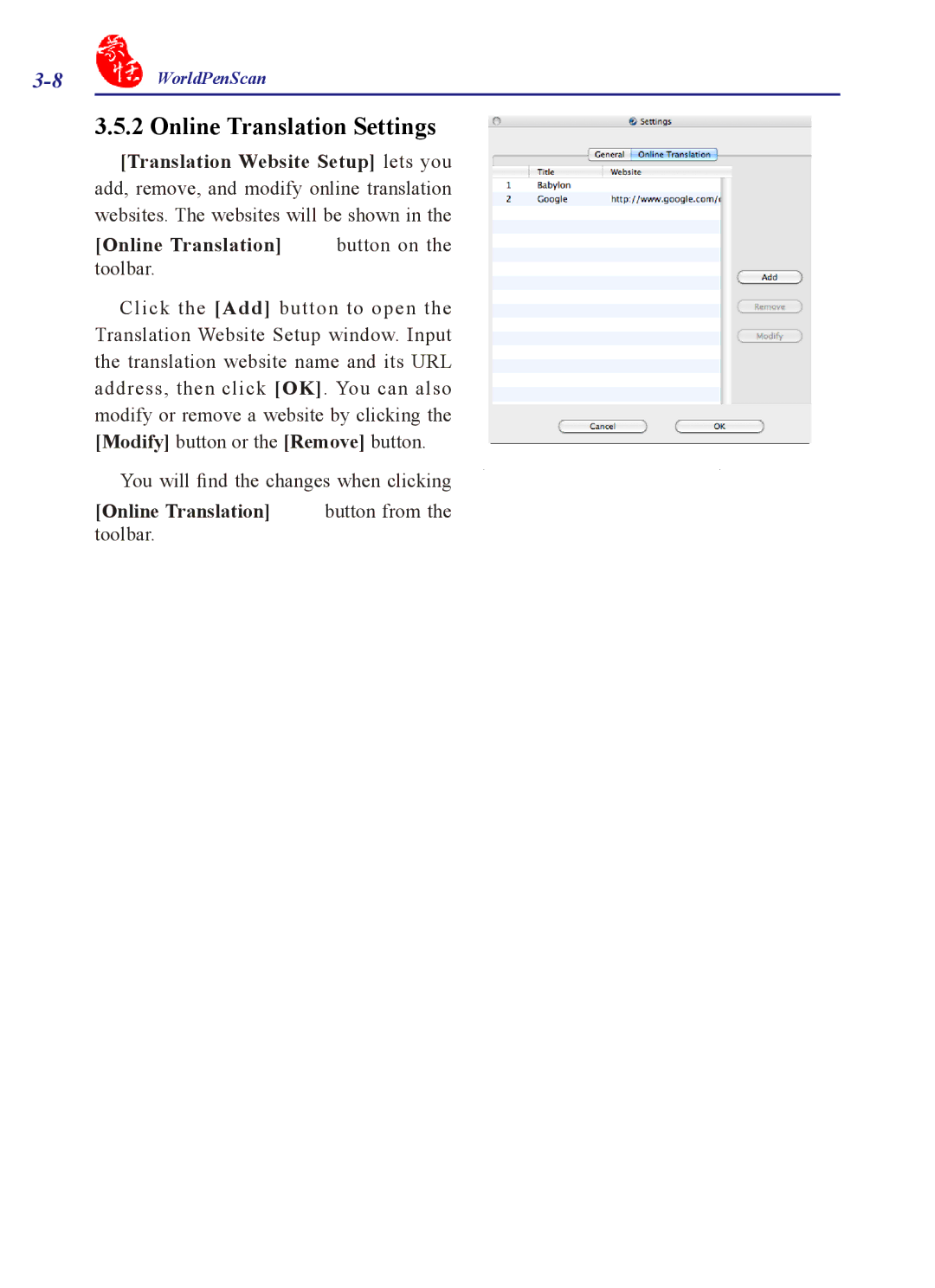 Penpower WorldPenScan Pro user manual Online Translation Settings 