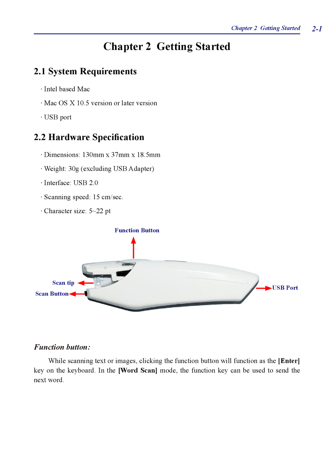 Penpower WorldPenScan Pro user manual Getting Started, System Requirements, Hardware Specification 