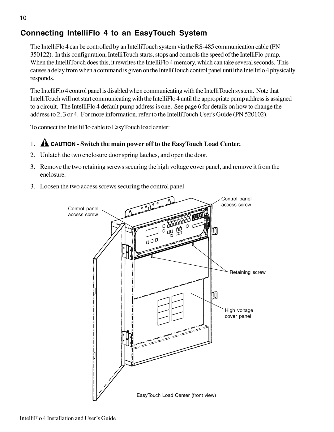 Pentair 100, 4 160 important safety instructions Connecting IntelliFlo 4 to an EasyTouch System 