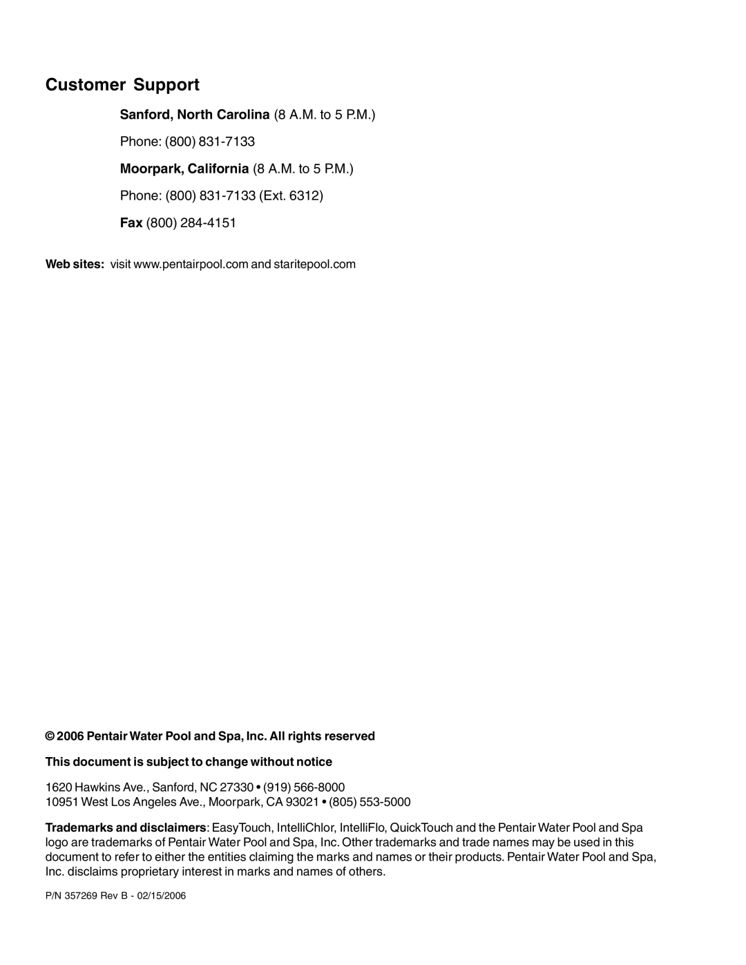 Pentair 100, 4 160 important safety instructions Customer Support, Moorpark, California 8 A.M. to 5 P.M 