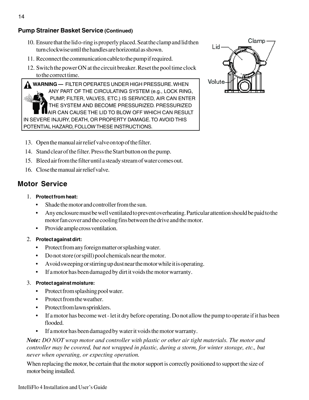 Pentair 100, 4 160 important safety instructions Motor Service 