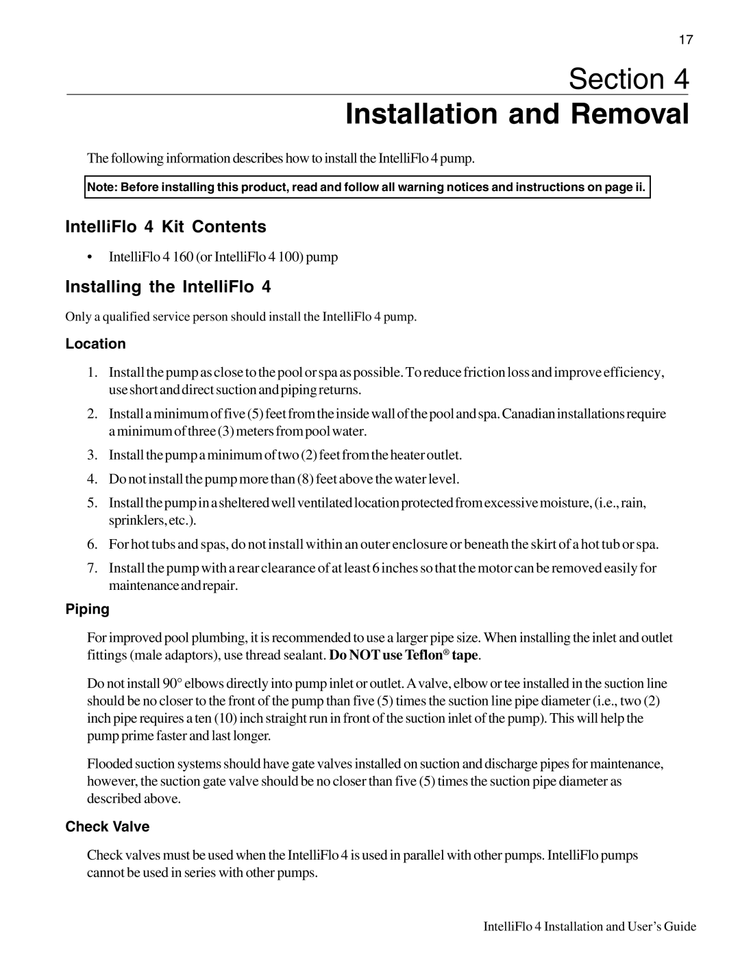 Pentair 4 160, 100 IntelliFlo 4 Kit Contents, Installing the IntelliFlo, Location, Piping, Check Valve 