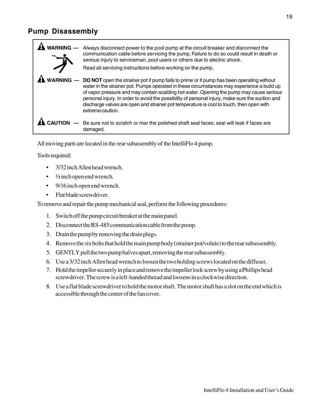 Pentair 4 160, 100 important safety instructions Pump Disassembly 