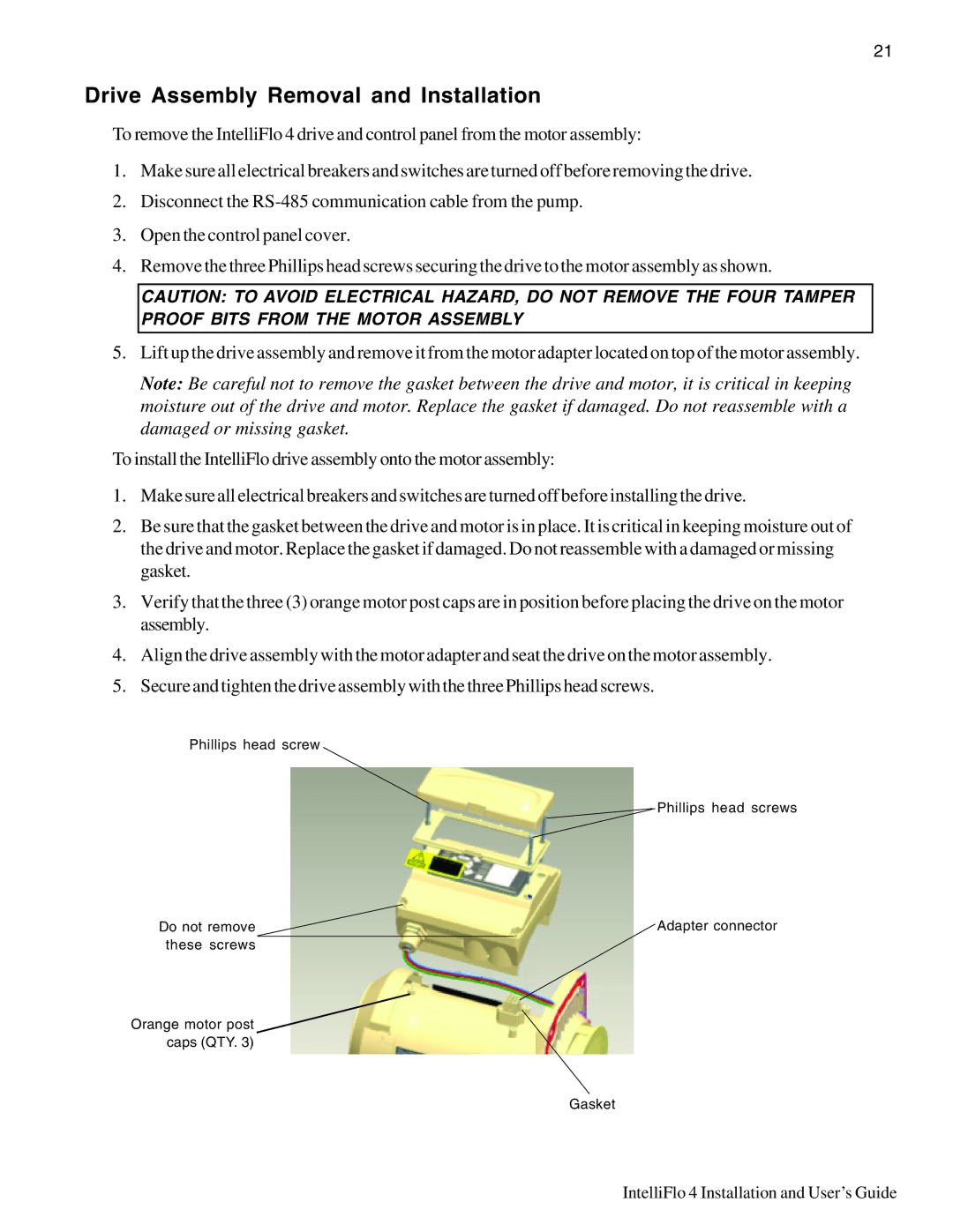 Pentair 4 160, 100 important safety instructions Drive Assembly Removal and Installation 