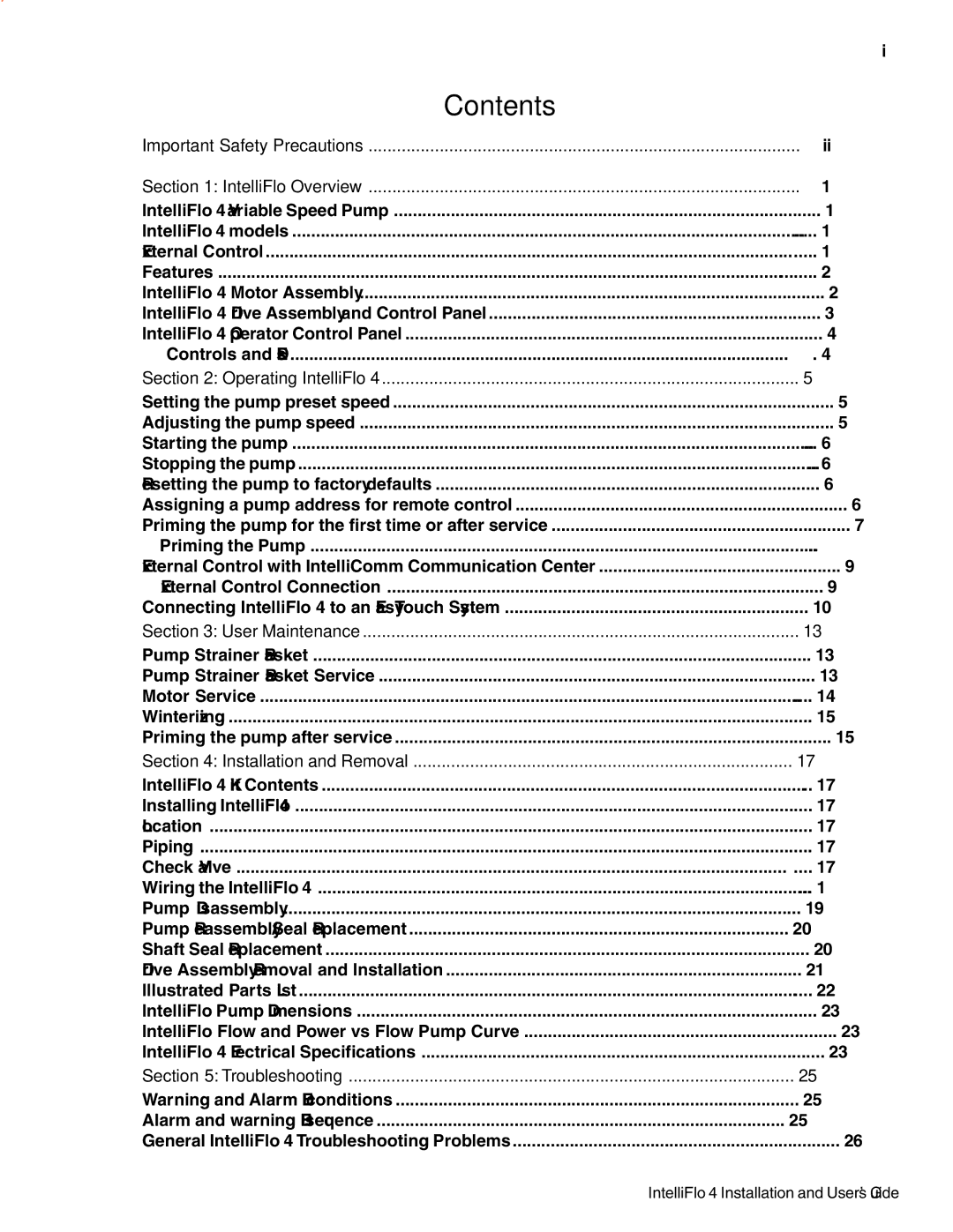 Pentair 4 160, 100 important safety instructions Contents 