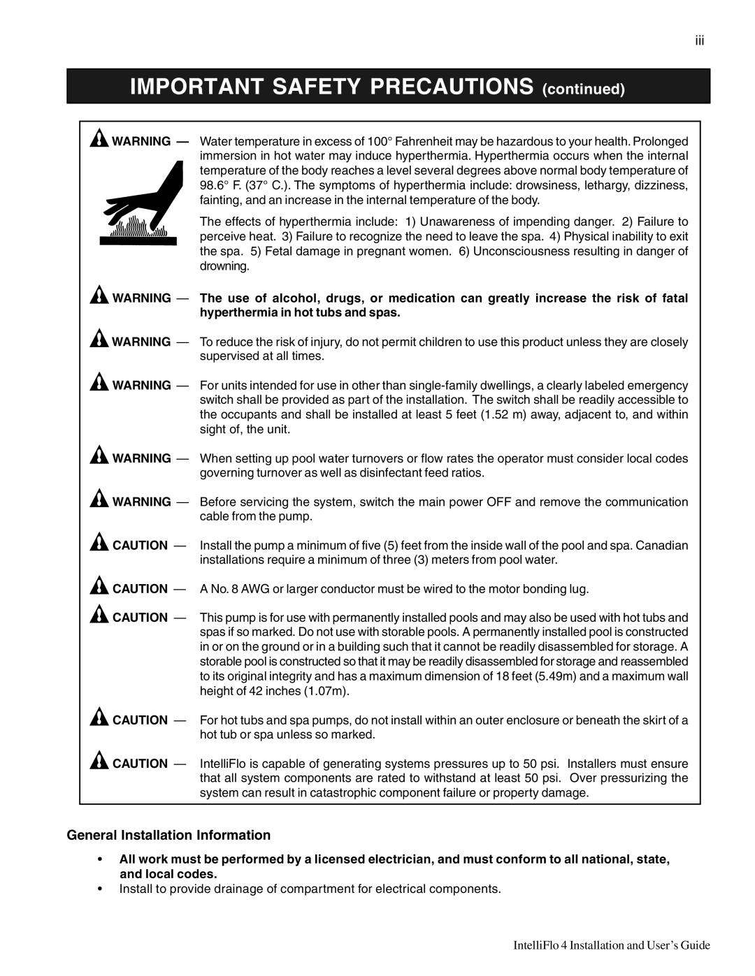 Pentair 4 160, 100 important safety instructions Important Safety Precautions 