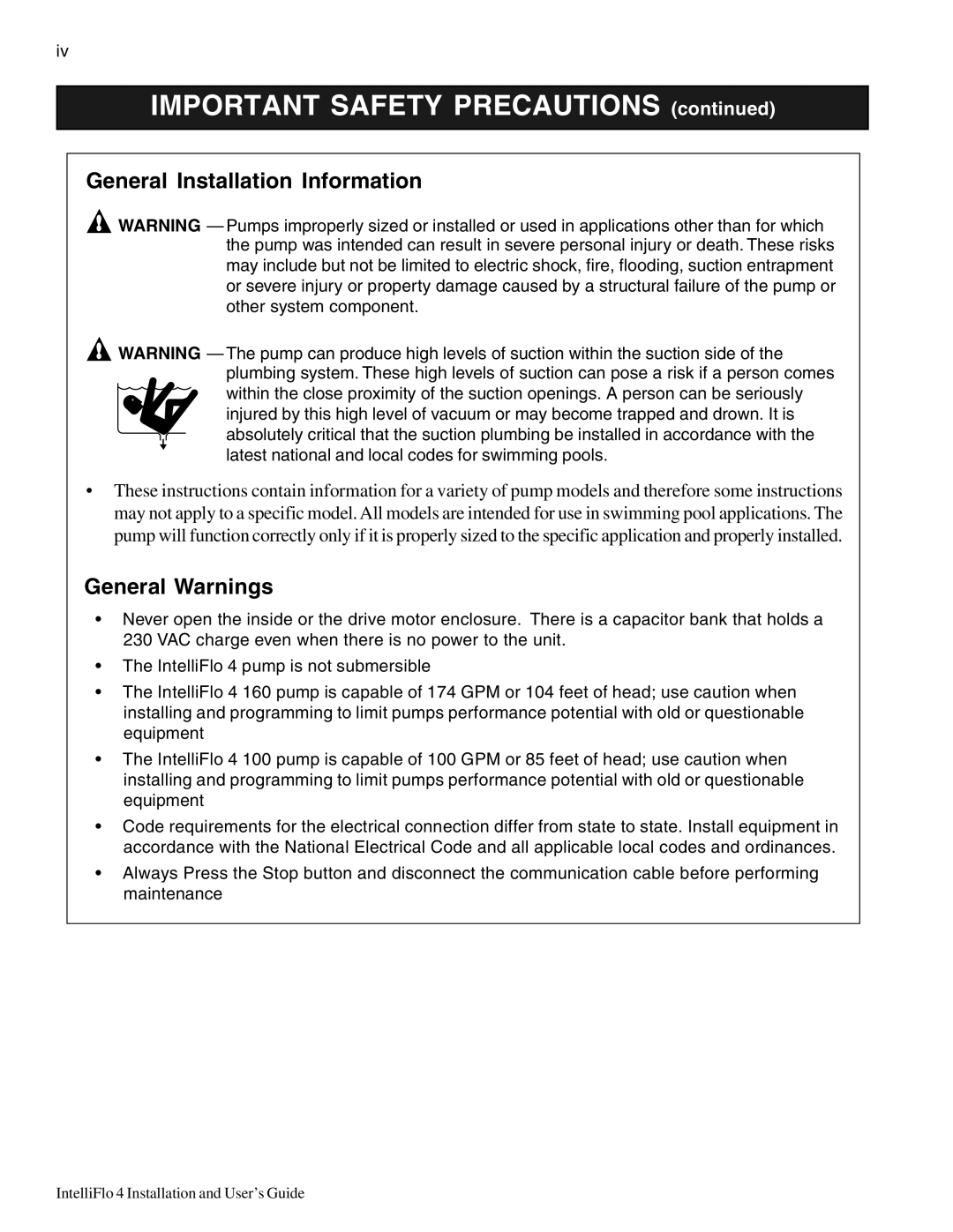 Pentair 100, 4 160 important safety instructions General Installation Information, General Warnings 