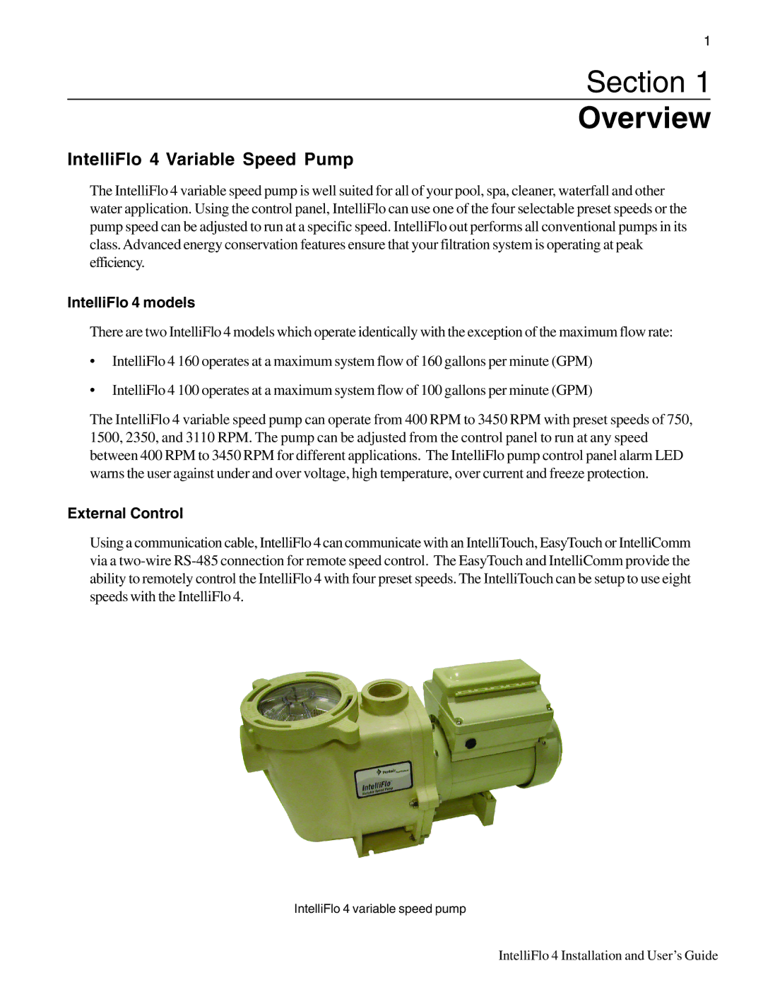 Pentair 4 160, 100 important safety instructions IntelliFlo 4 Variable Speed Pump, IntelliFlo 4 models, External Control 